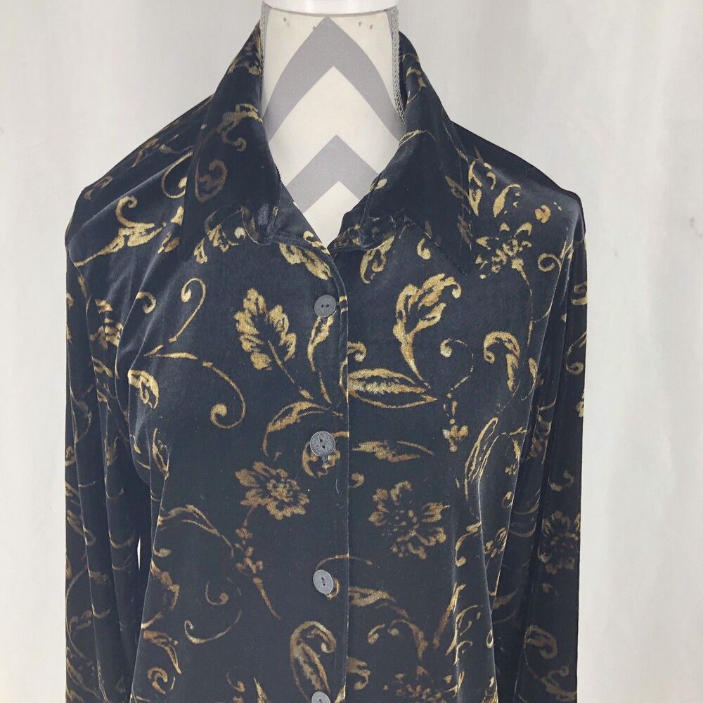 Vintage Kathie Lee Collection Velour Velvet Tunic Shirt Black Bronze Medium